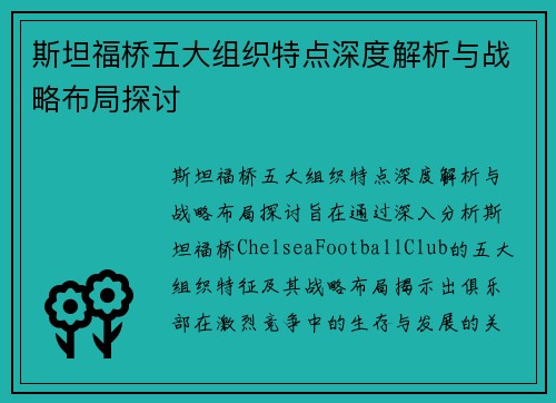 斯坦福桥五大组织特点深度解析与战略布局探讨