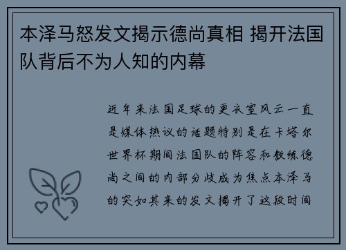 本泽马怒发文揭示德尚真相 揭开法国队背后不为人知的内幕