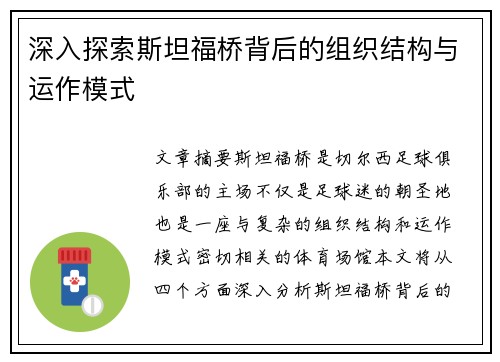 深入探索斯坦福桥背后的组织结构与运作模式