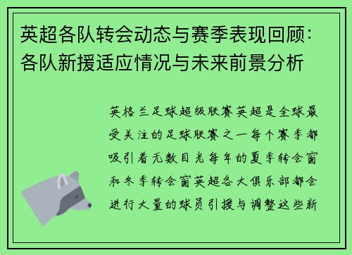 英超各队转会动态与赛季表现回顾：各队新援适应情况与未来前景分析